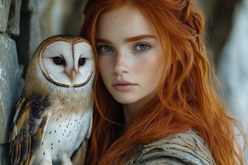 Young woman with striking red hair poses closely with an owl against a rustic stone background during daylight hours