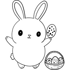 Easter Theme, Cute rabbit holding an egg with a basket of eggs nearby. outline for coloring .
