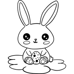 Easter Theme, Cute cartoon bunny sitting on a patch of grass with an egg. outline for coloring .