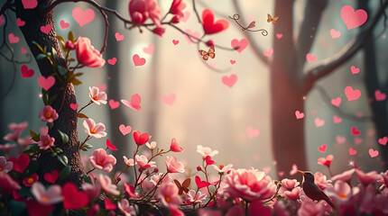 Romantic Valentine’s Day in the Wild: Jungle Flowers, Happy Birds, and Heartfelt Love Blossoming in Nature’s Embrace ai.
