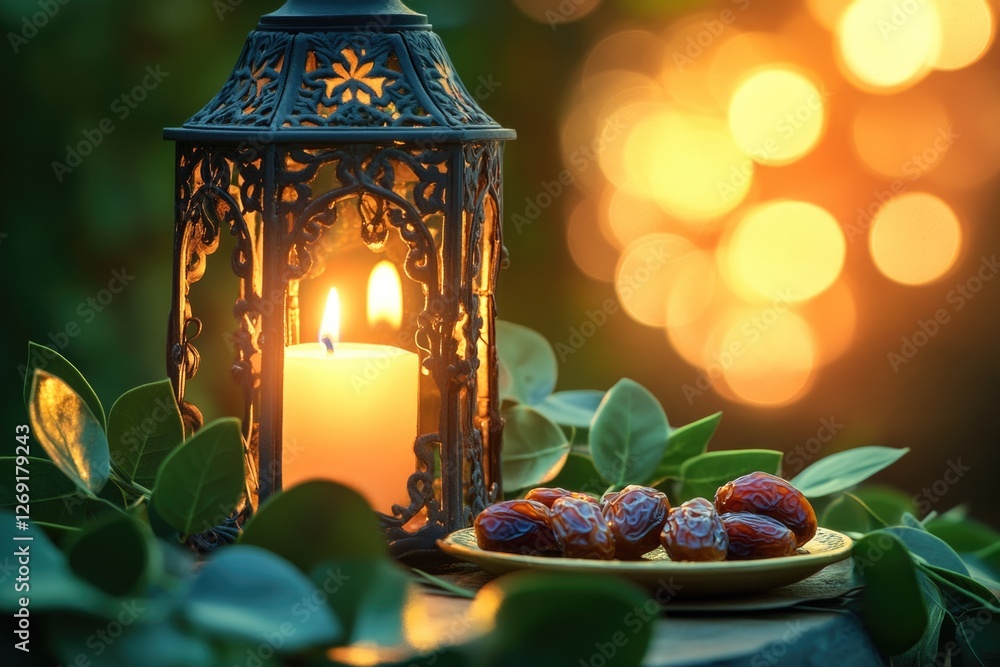 Poster fresh dates arranged on a plate next to a lit candle