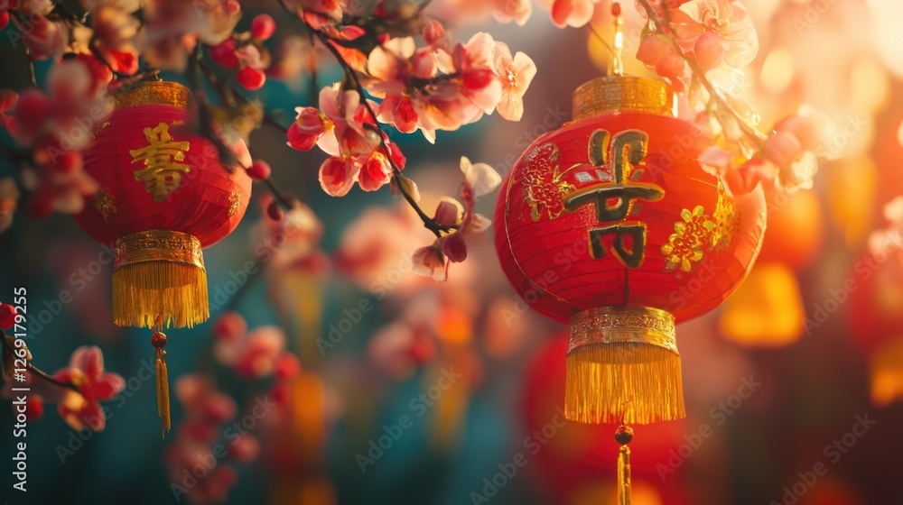 Poster Red lanterns hang from a tree branch, adding warmth and ambiance to the scene