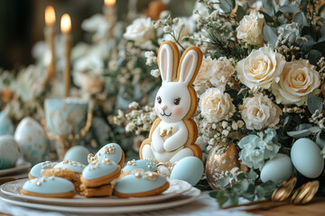 beautifully decorated easter table with easter themed cookies