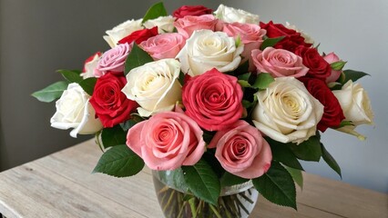 Beautiful Arrangement of Colorful Roses - A vibrant bouquet of roses in shades of red, pink, and white, showcasing a lovely display perfect for any occasion