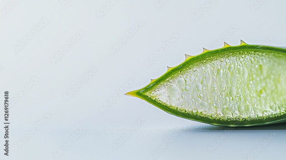 Poster high-resolution close-up of aloe vera leaf displaying smooth plump texture with visible gel edges
