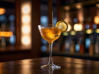 Sophisticated Cocktail on Polished Bar with Ambient Lighting and Cinematic Depth