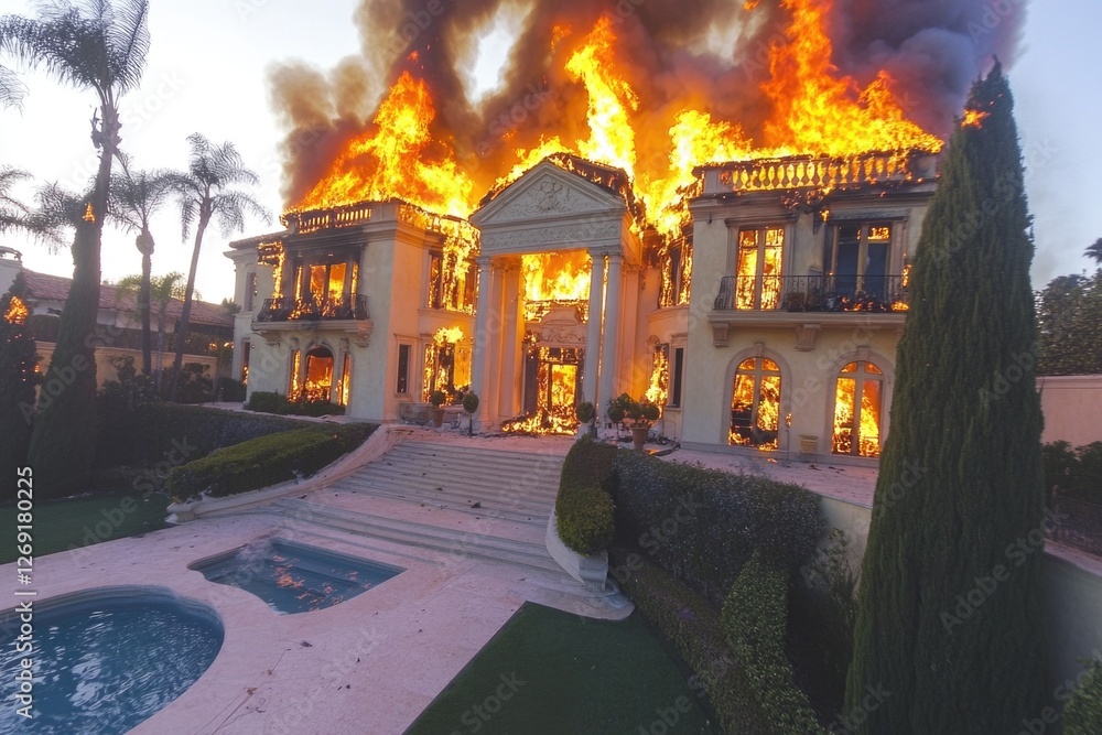 Poster a house engulfed in flames with a pool in the foreground, ideal for use in dramatic or chaotic scene