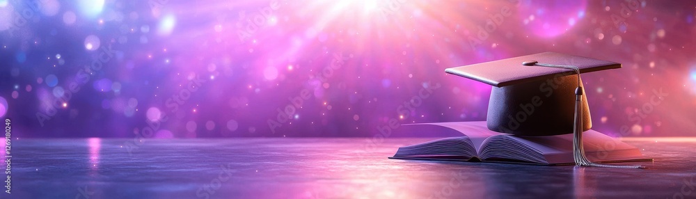 Poster graduation cap on an open book with a shimmering background of lights and colors