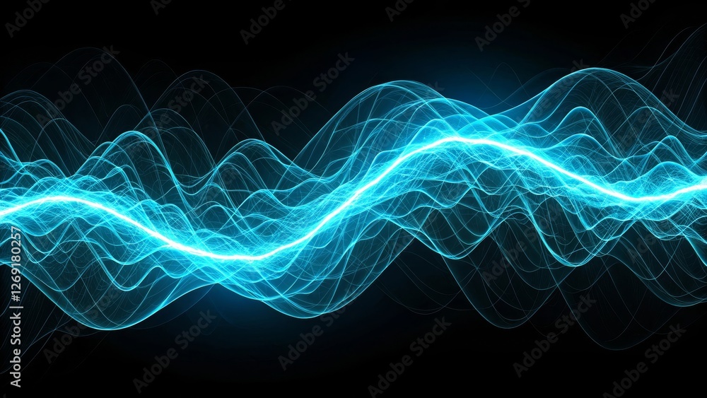 Poster blue light wave pattern on dark background - an abstract showcasing luminous blue wave patterns agai