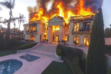 Obraz premium A house engulfed in flames with a pool in the foreground, ideal for use in dramatic or chaotic scenes