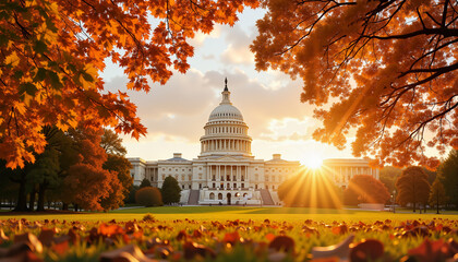 Capitol Building illuminated by autumn sunset, seasonal beauty