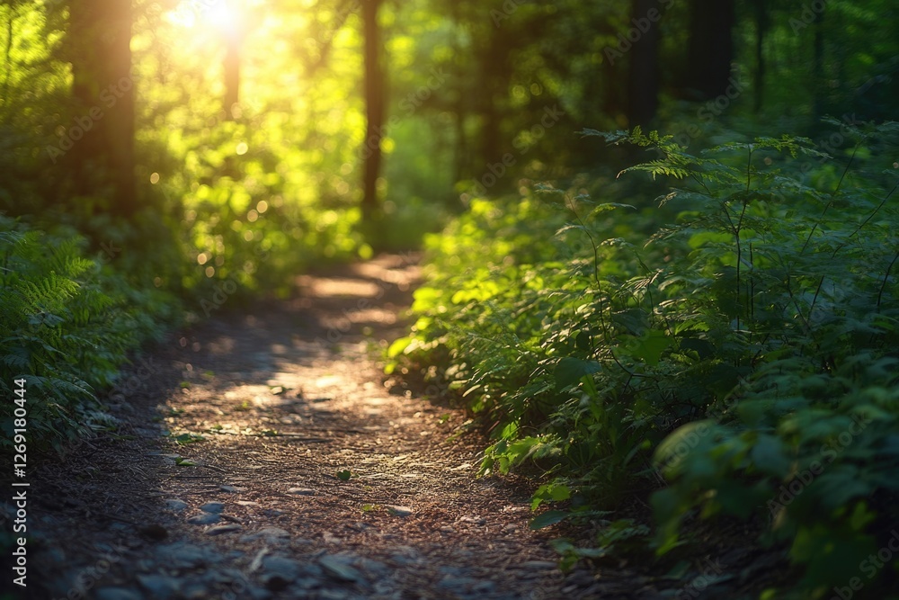 Poster dirt path through dense forest with trees and foliage