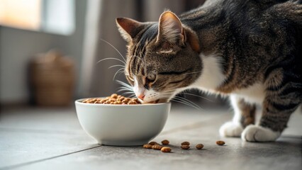 Cat Enjoying Food from Bowl - A close-up of a cat eating dry food from a bowl in a cozy home setting, highlighting the joy of pets during mealtime