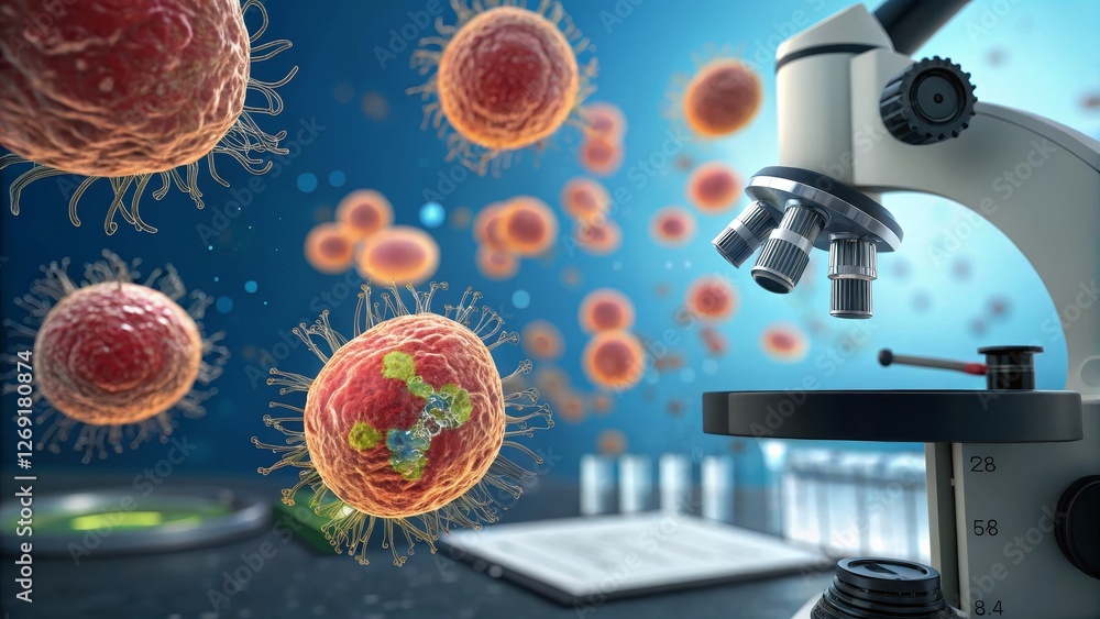 Aufkleber close up of microscope and cells in research laboratory - a detailed view of a microscope and variou