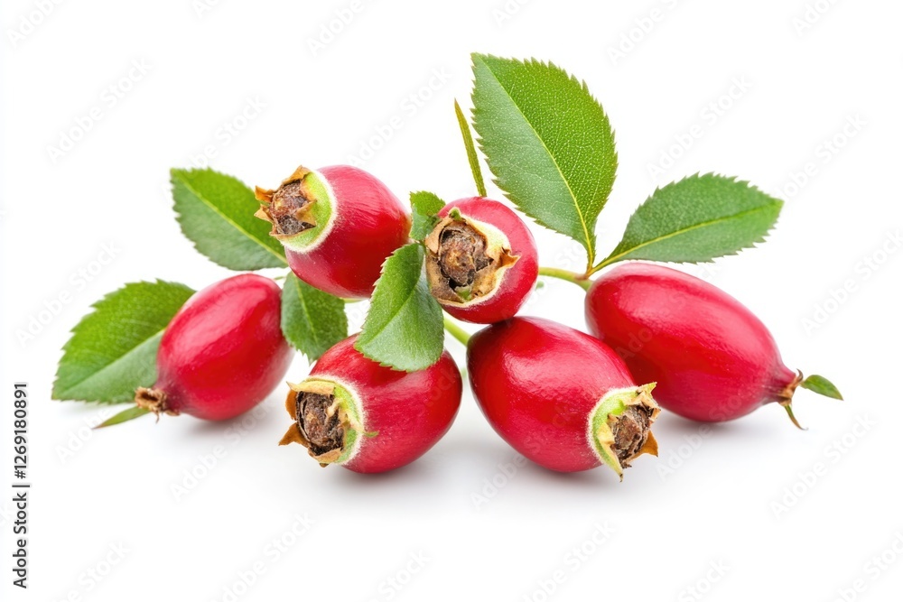 Poster a cluster of red berries with green leaves on a white background, ideal for use in designs related t
