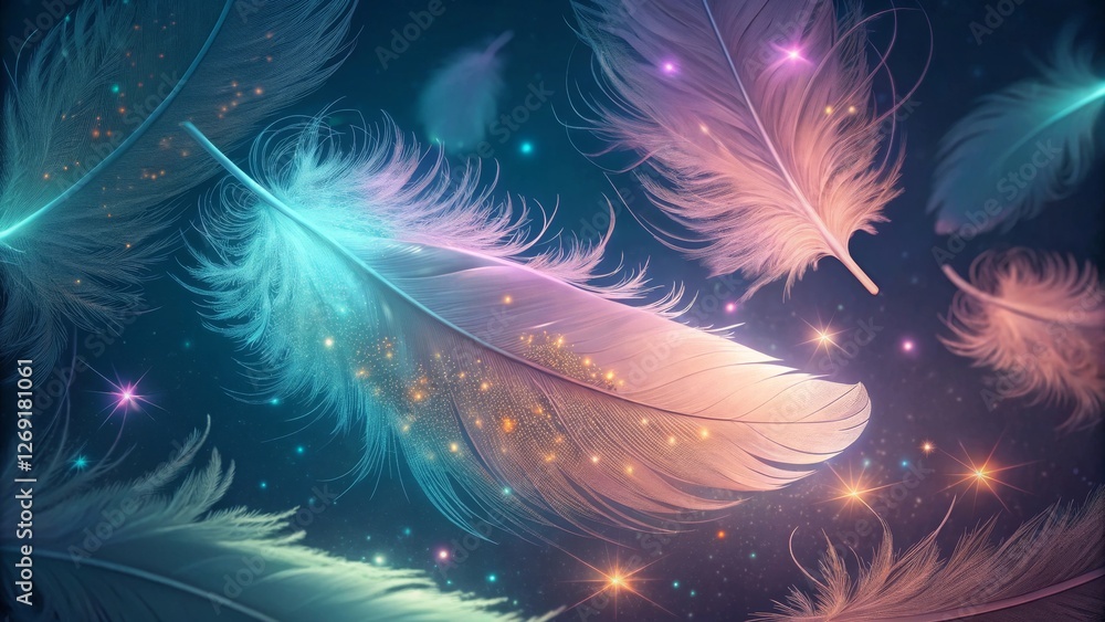 Poster colorful ethereal feather background - a mesmerizing background featuring colorful ethereal feathers