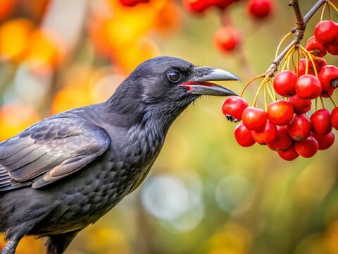 Slow Motion Crow Stealing Fruit, Bokeh Background, 500px Resolution