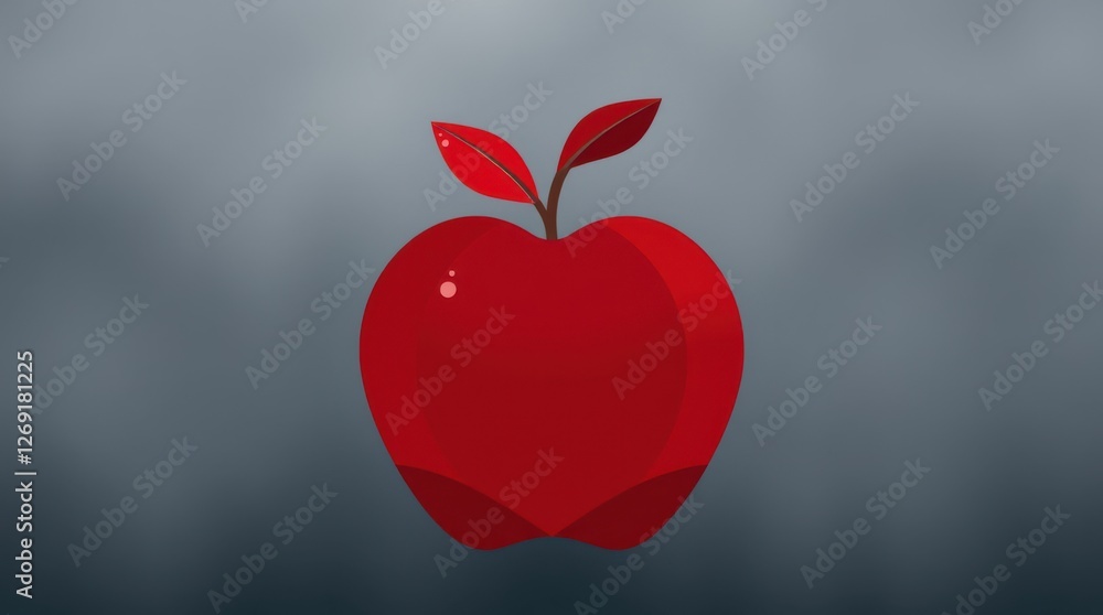 Poster a shiny red apple with two leaves, presented against a soft gray backdrop, evoking freshness and sim
