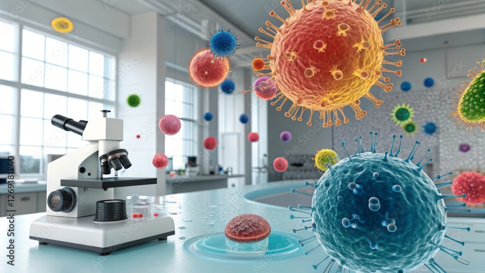 Poster colorful microorganisms in a laboratory setting - this showcases a laboratory environment with a mic