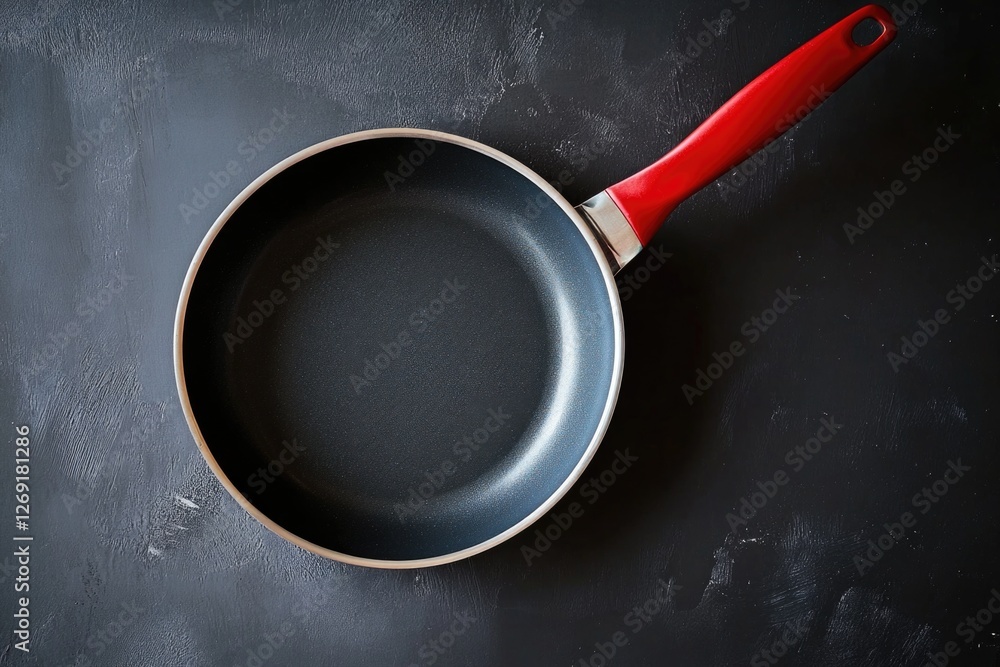 Poster a close-up shot of a frying pan with a bright red handle sitting on a dark background