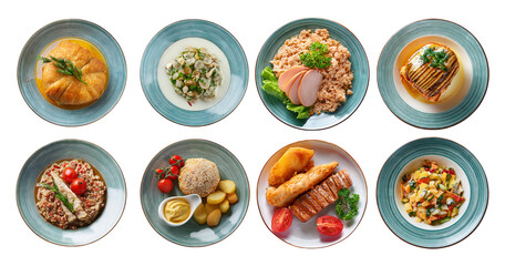 Colorful Selection of Assorted Dishes in Elegant Plates, isolated on transparent background