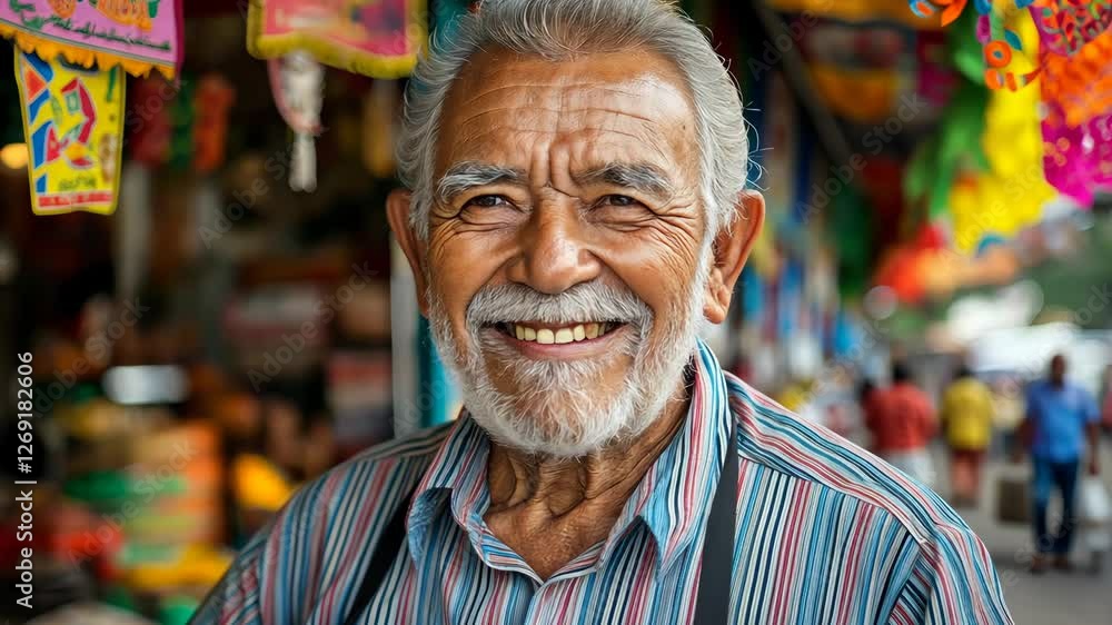 Poster man with a black apron and a smile on his face. he is standing in front of a colorful display
