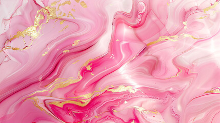 Abstract marble marbled stone ink liquid fluid painted painting texture luxury background banner, featuring pink petals, blossom flower swirls, and gold painted lines.
