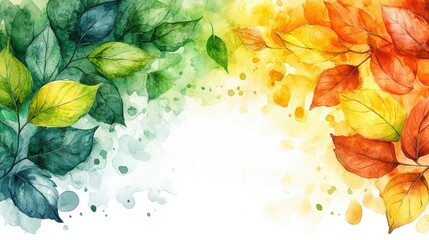 Vibrant watercolor illustration of autumn leaves in green, yellow, and orange hues with splashes