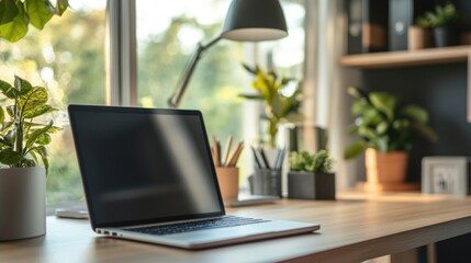 A laptop computer sits on top of a wooden desk, ready for use