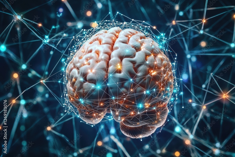 Poster illustration of a brain with interconnected lines and dots representing neural connections