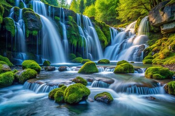 Obraz premium Slow Motion Waterfall Cascading Over Mossy Rocks into a Lake