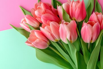 Fototapeta premium A bouquet of fresh pink tulips on a blue and pink background
