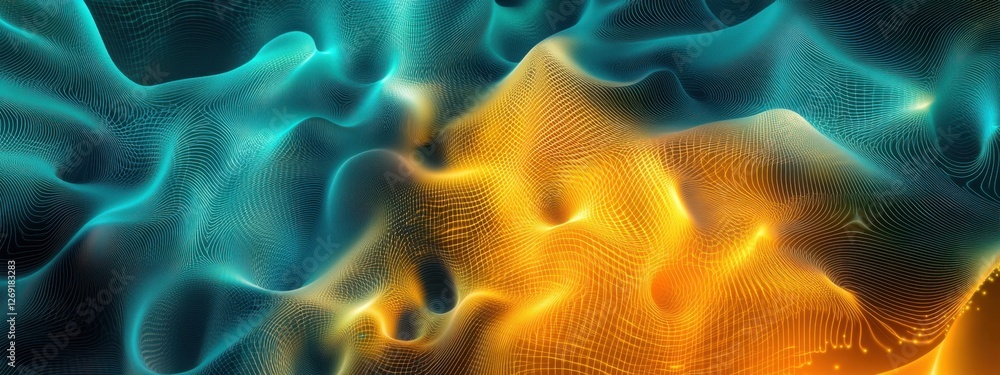 Poster abstract orange and teal digital waveforms: a mesmerizing visualization of data flow and energy