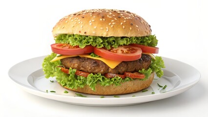 Delicious Hamburger with Fresh Ingredients - Juicy hamburger layered with lettuce, tomato, cheese, and served on a sesame seed bun on a white plate
