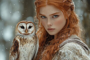 A young woman with striking red hair stands closely beside a barn owl in a serene snowy forest. Soft snowflakes fall around them, creating a peaceful winter atmosphere.