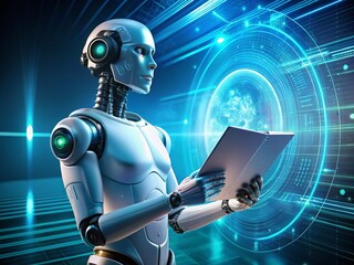 Smart AI Robot Analyzing Data: Futuristic Text Analysis & AI Technology