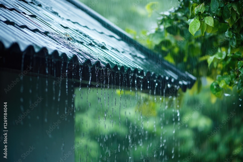 Poster close up of a rain gutter on a roof, suitable for architecture or construction projects