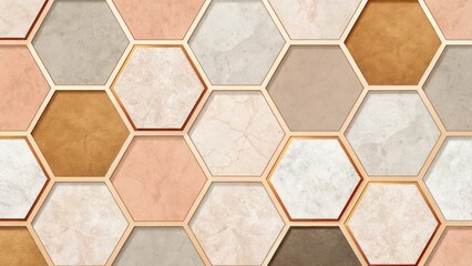 Elegant Hexagonal Tile Pattern Design - A captivating arrangement of hexagonal tiles in earthy tones, showcasing a modern and stylish aesthetic for interior decoration
