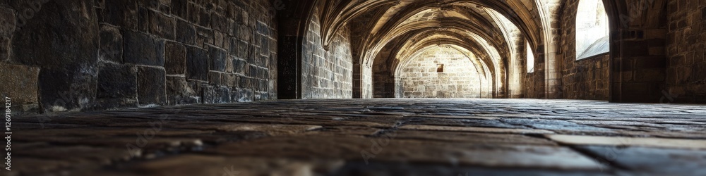 Poster a stone floor in an old building with arched windows