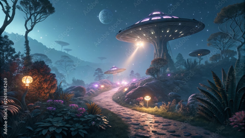Poster enchanting alien landscape with spaceships - a mystical scene featuring alien spaceships illuminatin