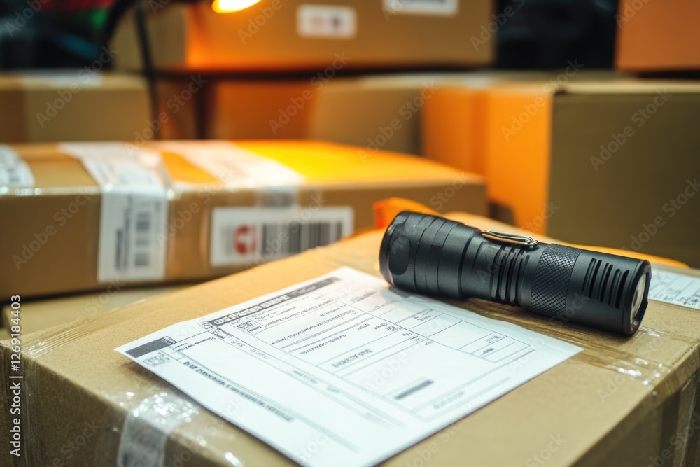 Poster a single flashlight sitting on top of a cardboard box, ready for use