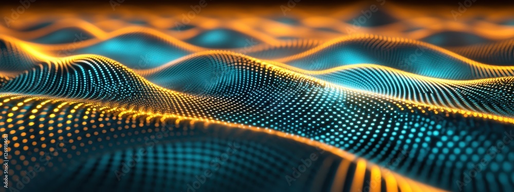 Poster abstract digital waveform visualization: glowing teal and gold particle field