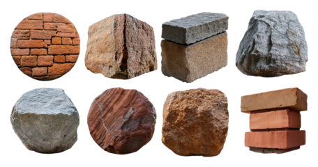 Diverse Collection of Stones and Bricks for Architectural Use, isolated on transparent background