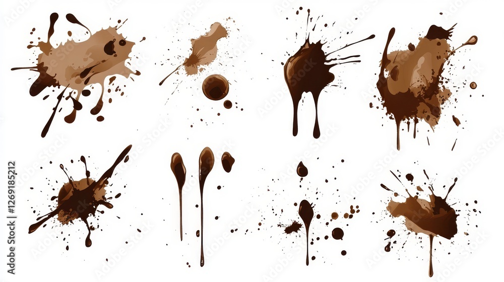 Poster brown paint splatters and drips create artistic patterns on a white background for creative projects
