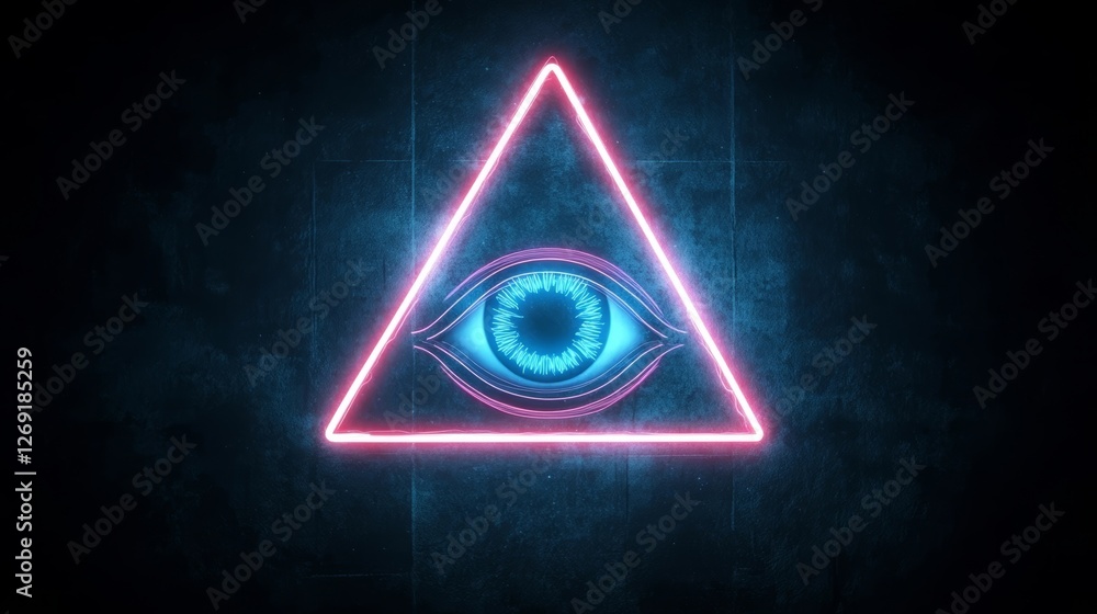 Poster intricate neon eye design within a triangular outline evokes mystery and intrigue in a dark setting 