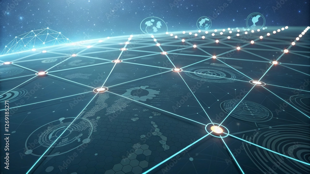 Poster futuristic network background - this features a futuristic network landscape with interconnected nod