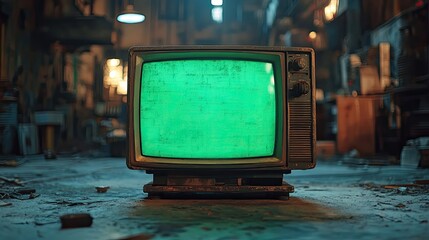 Vintage television set displaying a green screen in a cluttered workshop filled with tools and debris