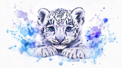 Snow Leopard Cub, Watercolor Style, Adorable, Isolated