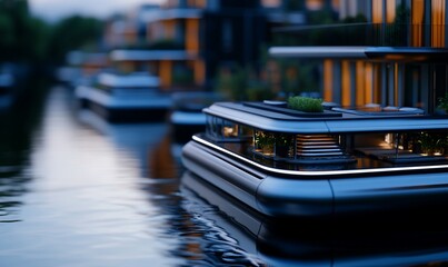 Contemporary floating residences mirroring urban sophistication at twilight