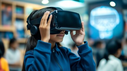 Student explores immersive learning with vr headset enhanced by ai and machine learning tech